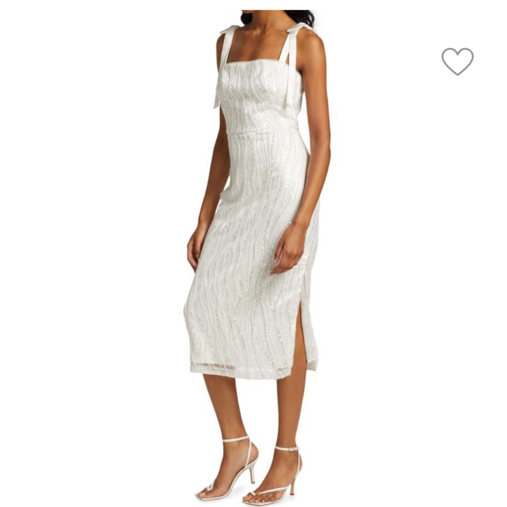 ML MONIQUE LHUILLIER Sequined Bow-Strap Midi Dress in white